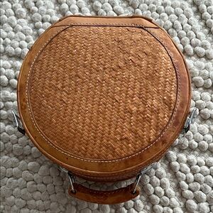 Vintage Round Bamboo and Leather Crossbody or Carry Bag - Tan Brown